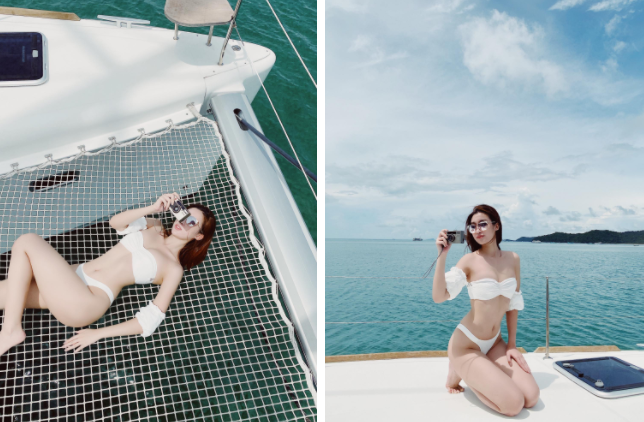 Trước đó, Hoa hậu Đỗ Mỹ Linh cũng từng gây chú ý khi lựa chọn bikini khoe khéo đường cong.