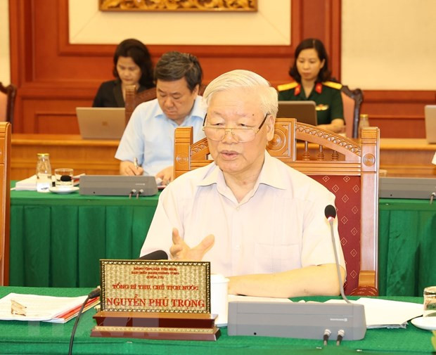  Tổng Bí thư, Chủ tịch nước Nguyễn Phú Trọng, Bí thư Quân ủy Trung ương phát biểu kết luận buổi làm việc với Ban Thường vụ Quân ủy Trung ương. (Ảnh: Trí Dũng/TTXVN)