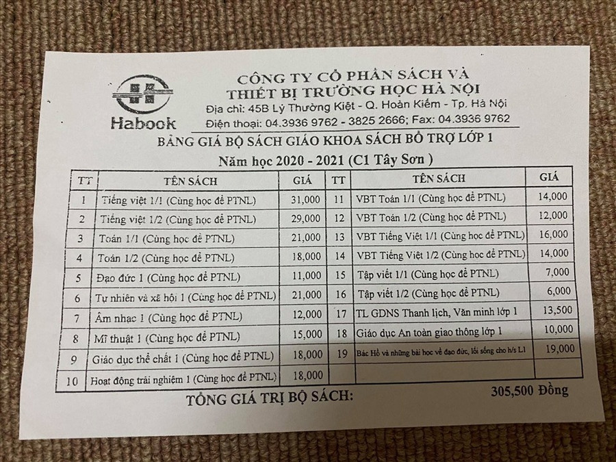 Trong danh mục sách lớp 1 phụ huynh nhận từ giáo viên của Trường Tiểu học Tây Sơn (Hà Nội) không hề giải thích đâu là sách giáo khoa, đâu là sách bổ trợ, sách tham khảo. Trong danh mục sách lớp 1 phụ huynh nhận từ giáo viên của Trường Tiểu học Tây Sơn (Hà Nội) không hề giải thích đâu là sách giáo khoa, đâu là sách bổ trợ, sách tham khảo.
