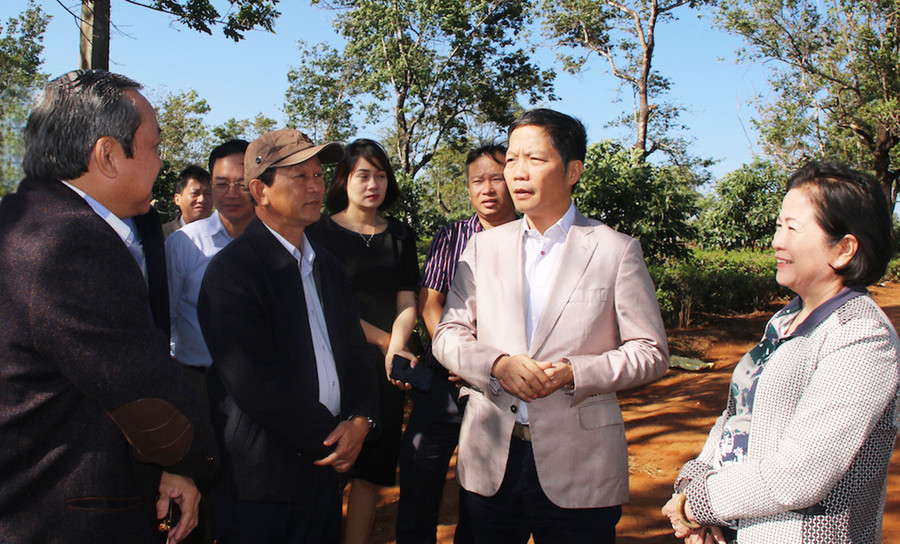 Bộ trưởng Bộ Công thương Trần Tuấn Anh (thứ 2 từ phải sang) đến thị sát tại dự án Nhà máy Điện gió Phát triển miền núi và Nhà máy Điện gió chế biến Tây Nguyên tháng 2-2020. Ảnh: K.L