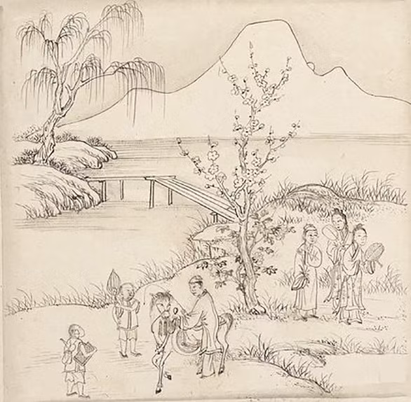 Tranh vẽ câu thơ “Khách đà lên ngựa, người còn ghé theo” trong bản Kiều cổ ở Anh - Ảnh NXH cung cấp