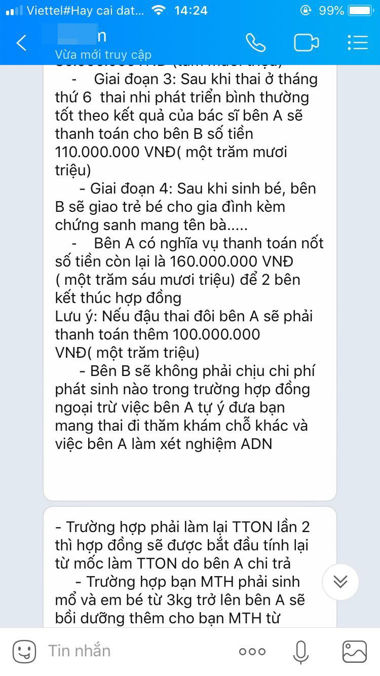 Điều khoản thanh toán của hợp đồng mang thai hộ. Ảnh trích từ Zalo Điều khoản thanh toán của hợp đồng mang thai hộ. Ảnh trích từ Zalo