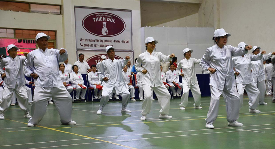 Bài thi thể dục dưỡng sinh “Thiên địa trứ trụ quyền” của phường Phù Đổng. Ảnh: Hà Phương Thi thể dục dưỡng sinh “Thiên địa trứ trụ quyền”-đơn vị phường Phù Đổng. Ảnh: Hà Phương