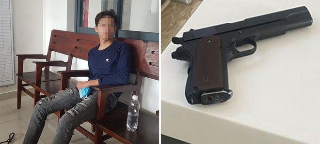 L.M.P tại cơ quan công an và khẩu súng đạn bi mua từ tiền trộm cắp - Ảnh: TRÁC RIN L.M.P tại cơ quan công an và khẩu súng đạn bi mua từ tiền trộm cắp - Ảnh: TRÁC RIN