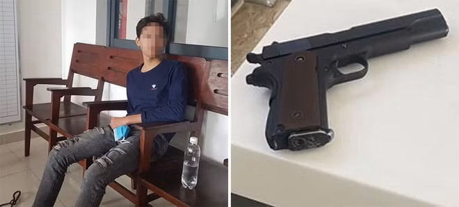  L.M.P tại cơ quan công an và khẩu súng đạn bi mua từ tiền trộm cắp - Ảnh: TRÁC RIN