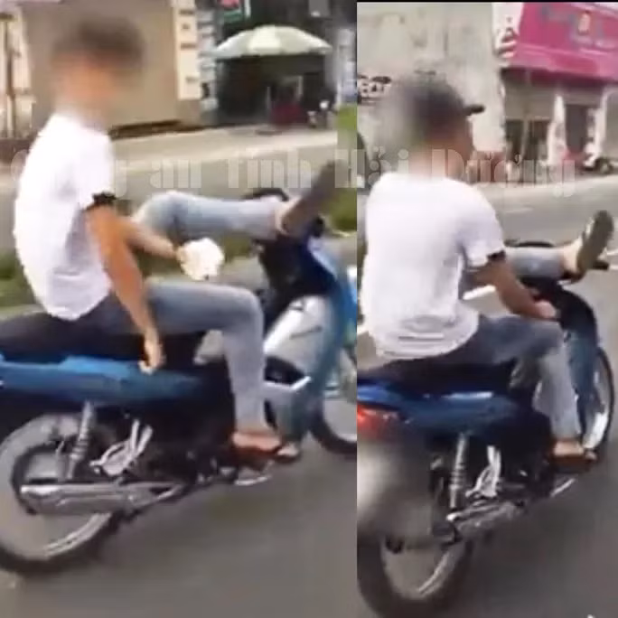 Hình ảnh nam thiếu niên không đội mũ bảo hiểm, điều khiển xe máy bằng chân cắt từ clip
