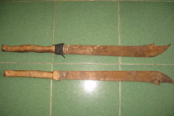 2 mã tấu là số ít trong tập hợp hung khí các đối tượng dùng để truy sát gia đình ông Châu đang được Công an huyện thu giữ. Ảnh: Đức Phương