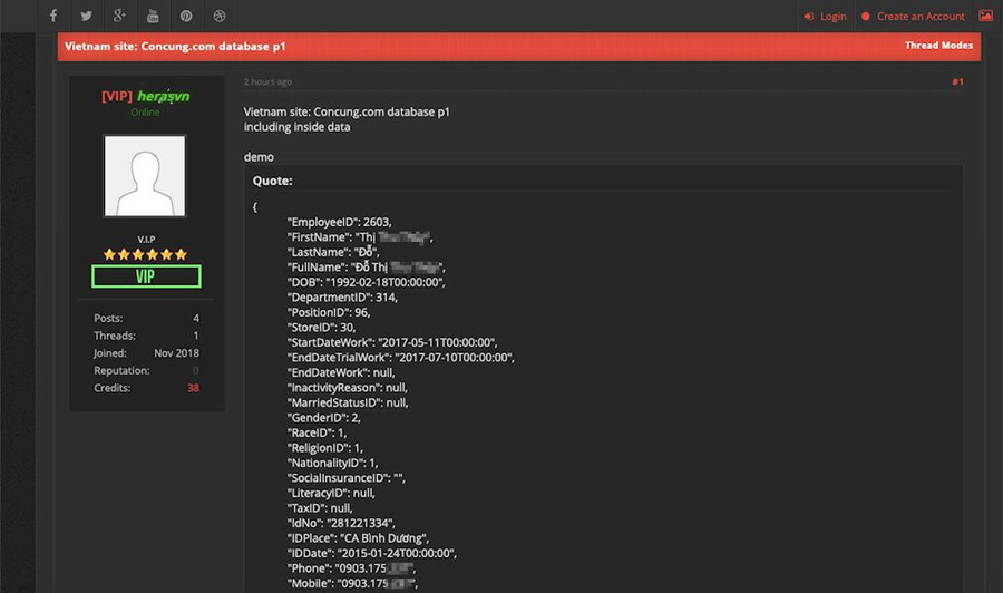 Đoạn mã được hacker cho là dữ liệu của nhân viên Con Cưng - Ảnh chụp màn hình 