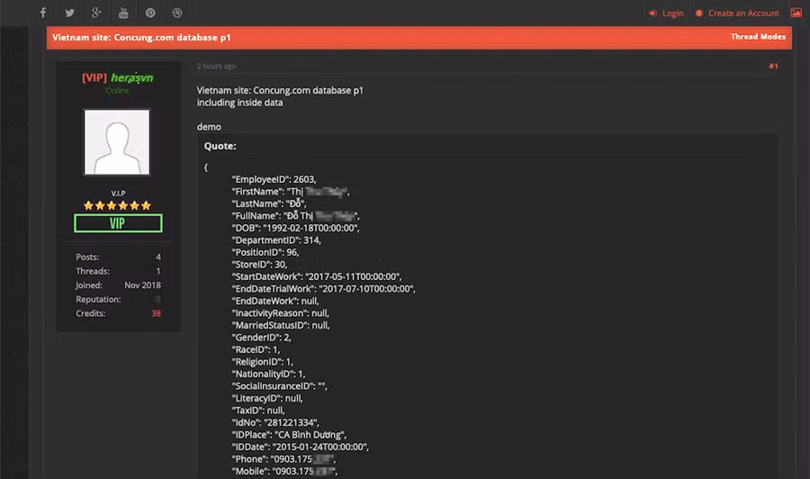 Đoạn mã được hacker cho là dữ liệu của nhân viên Con Cưng - Ảnh chụp màn hình 