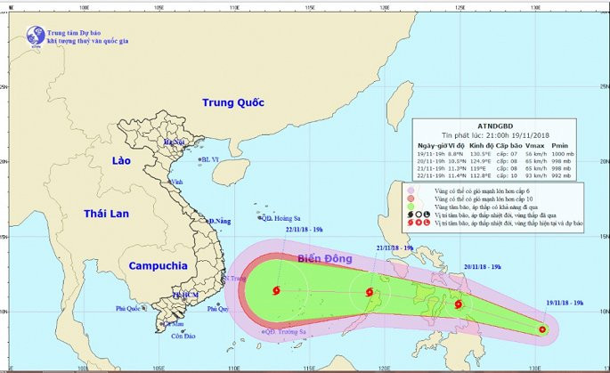 Dự báo đường đi và vị trí cơn bão. (Ảnh: TTKTTVQG) 
