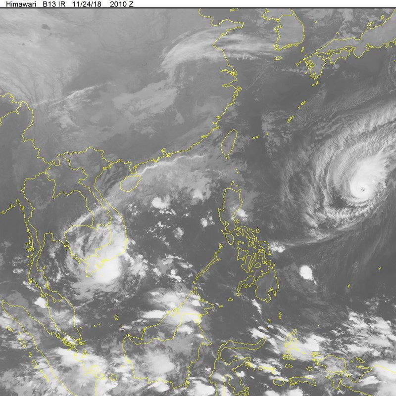 Hình ảnh mây vệ tinh mới nhất của bão số 9 được Trung tâm dự báo Khí tượng Thủy văn Trung ương phát đi trong bản tin 5h sáng ngày 25-11. 