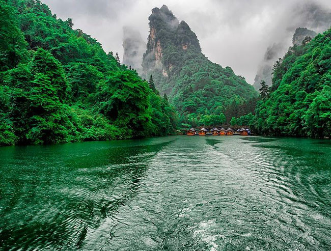  Sương mù xoáy quanh các đỉnh của Khu Thắng cảnh Wulingyuan trong bức ảnh tuyệt vời này được chụp từ một chiếc thuyền du lịch trên một hồ nước bên dưới.