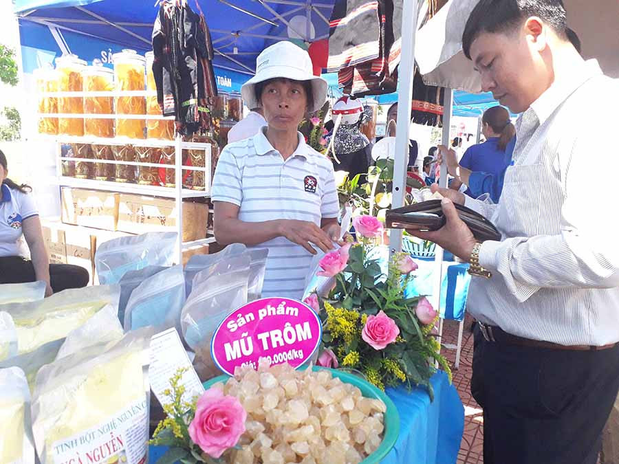  người dân huyện Chư Pưh giới thiệu sản phẩm nông nghiệp sạch tại phiên chợ nông sản an toàn. Ảnh: Lê Nam