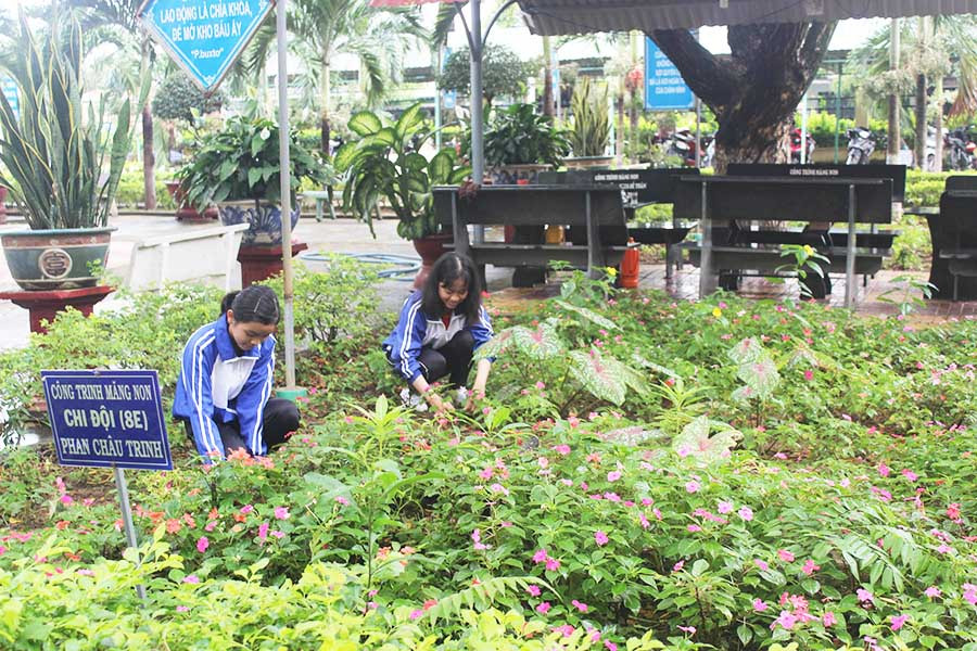  Học sinh thay phiên chăm sóc cây xanh, giữ gìn vệ sinh chung tại trường học. Ảnh: N.T