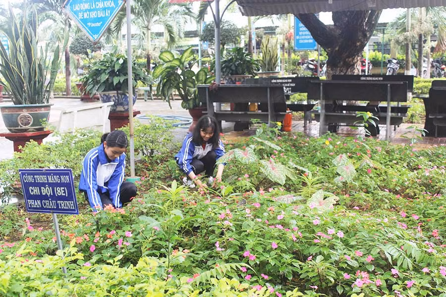  Học sinh thay phiên chăm sóc cây xanh, giữ gìn vệ sinh chung tại trường học. Ảnh: N.T
