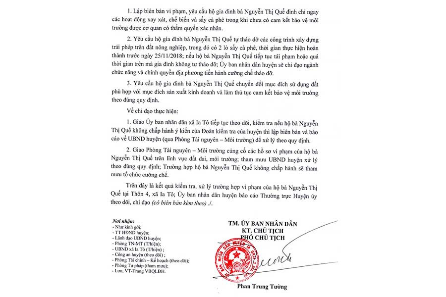 Báo cáo kết quả kiểm tra, xử lý cơ sở chế biến, xay xát, sấy cà phê của bà Nguyễn Thị Quế.  Báo cáo kết quả kiểm tra, xử lý cơ sở chế biến, xay xát, sấy cà phê của bà Nguyễn Thị Quế