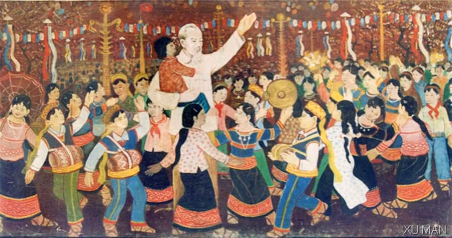 Một tác phẩm của họa sĩ Xu Man về chủ đề Bác Hồ với Tây Nguyên.