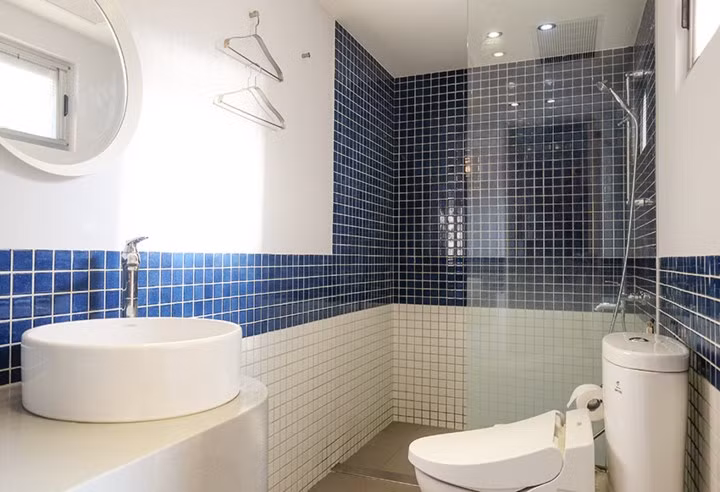 Phòng tắm có sự phân tách rõ ràng giữa 2 khu vực ướt và khô, gạch ốp tường cũng chia thành hai màu sắc riêng biệt.