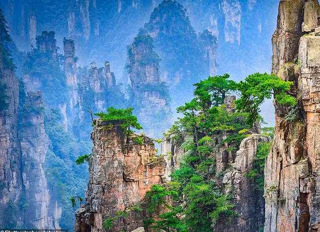 Những đỉnh núi lởm chởm đáng kinh ngạc nằm trong Khu Thắng cảnh Wulingyuan, Trương Gia Giới. Khu vực này nằm trong danh sách di sản thế giới của Unesco và khu vực này có hơn 3.000 cột đá sa thạch và đỉnh núi.