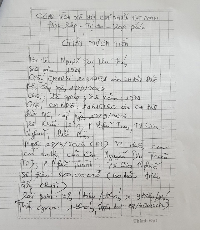 Giấy mượn tiền của bà Thúy.