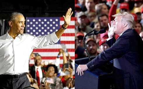 Cựu Tổng thống Obama (trái) và Tổng thống Trump (phải) trong các cuộc vận động bầu cử nước rút. (Ảnh: Reuters) Cựu Tổng thống Obama (trái) và Tổng thống Trump (phải) trong các cuộc vận động bầu cử nước rút. (Ảnh: Reuters)