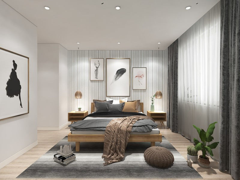 Phòng ngủ được thể hiện bằng gam màu trung tính mang đến cảm giác hài hòa và dễ chịu.