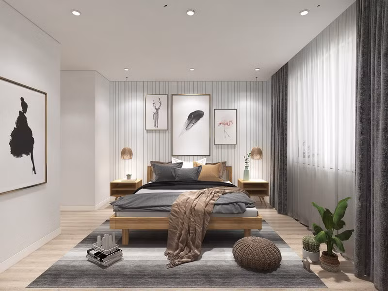 Phòng ngủ được thể hiện bằng gam màu trung tính mang đến cảm giác hài hòa và dễ chịu.