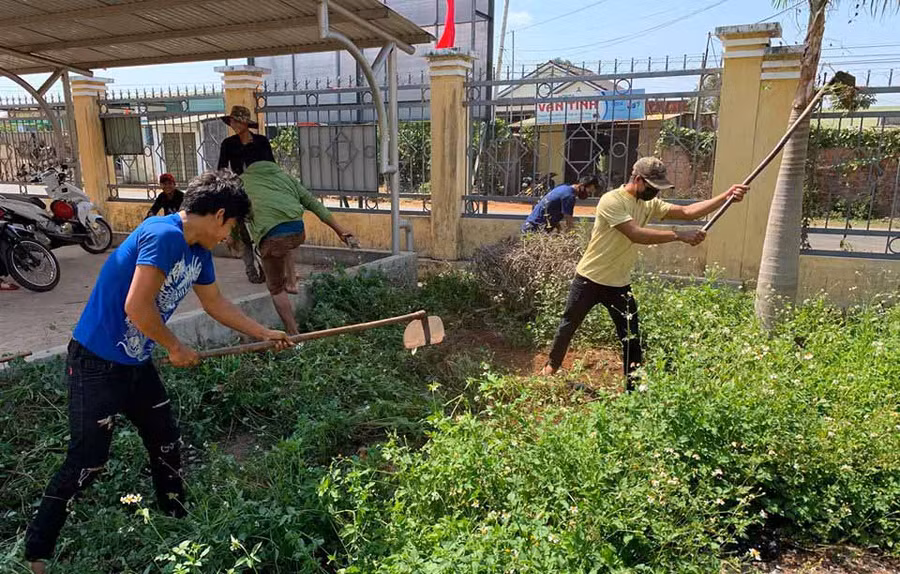 Các thanh niên phải lao động công ích trong thời gian 1 buổi. Ảnh: Văn Ngọc