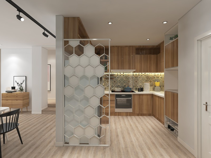 Bếp cách phòng ăn thông qua một bức tường mở, cửa trượt hình tổ ong mang đến sự độc đáo.
