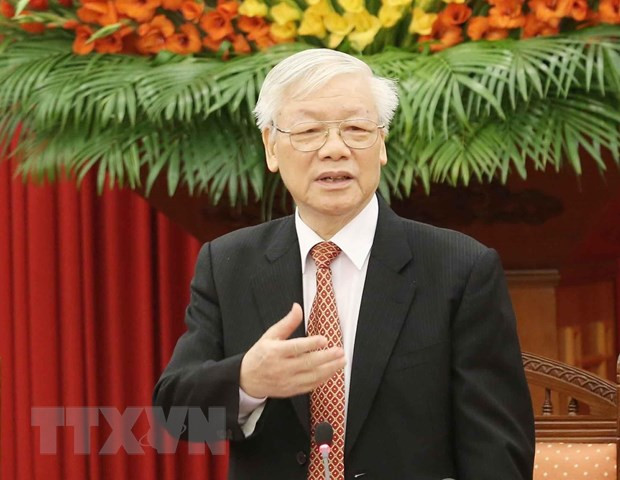  Tổng Bí thư, Chủ tịch nước Nguyễn Phú Trọng chủ trì họp Bộ Chính trị để phê duyệt quy hoạch Ban Chấp hành Trung ương khóa XIII, nhiệm kỳ 2021-2026; xem xét công tác nhân sự và quyết định thi hành kỷ luật cán bộ. (Ảnh: Trí Dũng/TTXVN)