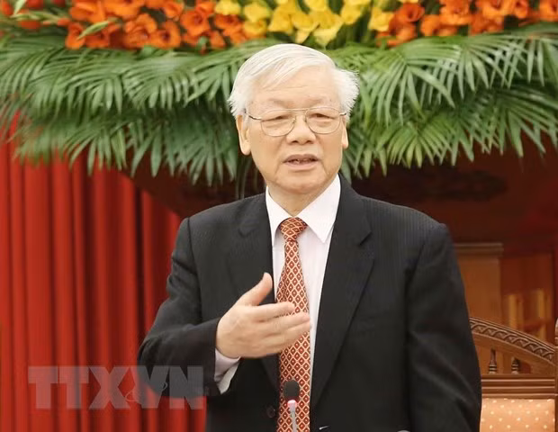  Tổng Bí thư, Chủ tịch nước Nguyễn Phú Trọng chủ trì họp Bộ Chính trị để phê duyệt quy hoạch Ban Chấp hành Trung ương khóa XIII, nhiệm kỳ 2021-2026; xem xét công tác nhân sự và quyết định thi hành kỷ luật cán bộ. (Ảnh: Trí Dũng/TTXVN)