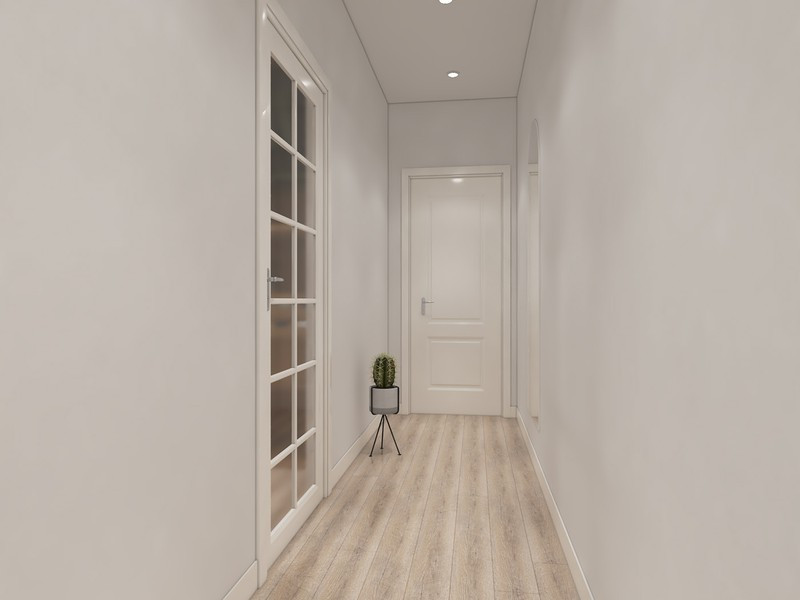 Hành lang dài và rộng tạo sự giãn cách đối xứng giữa các phòng.