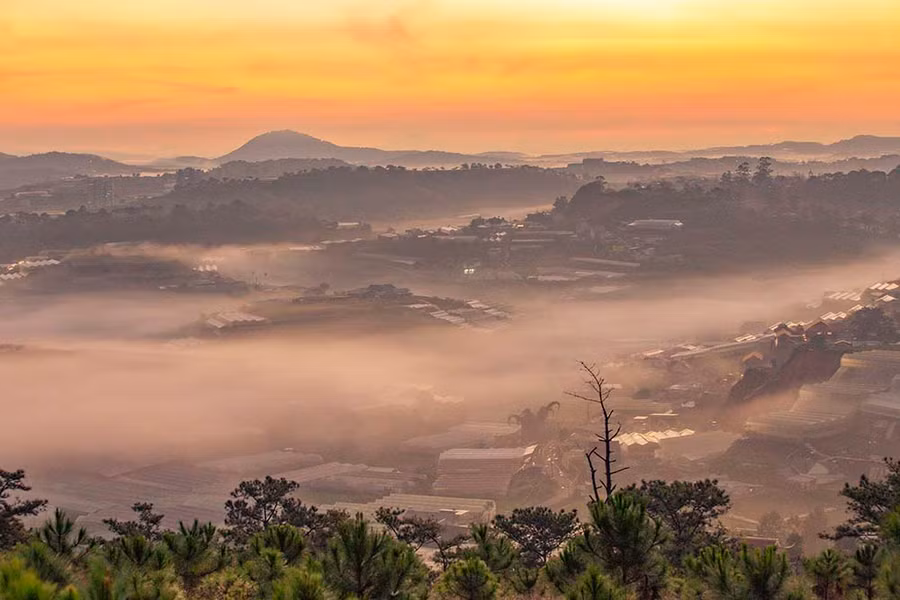 Đồi Đa Phú cách trung tâm thành phố khoảng 9km đi theo hướng về phía hồ Suối Vàng. Từ trên đỉnh đồi hướng mắt về phía thành phố bạn sẽ thấy bình minh lên trong tầm mắt. Những bóng nhà vườn cũng như bóng dáng của những tòa nhà hiện dần lên trong biển mây.