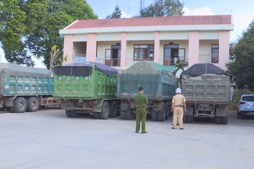 Hàng loạt xe chở quá tải bị công an bắt quả tang. Ảnh: Lin Xong