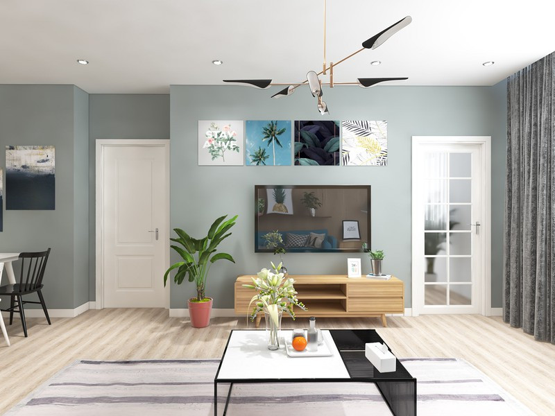 Tường được trang trí bằng tranh hình cây cối.