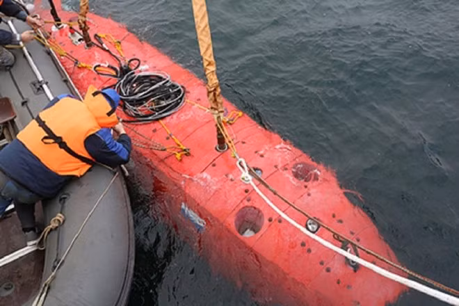 Tàu rô bốt Vityaz vừa lặn xuống Rãnh Mariana - Ảnh: Cơ quan chỉ đạo Các dự án nghiên cứu tiên tiến của Nga