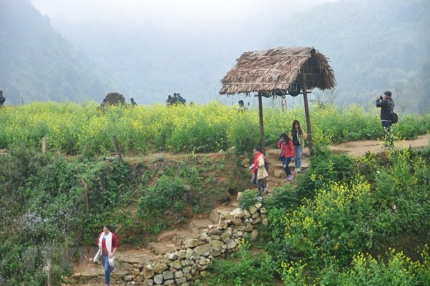 Du khách thăm bản Cát Cát. (Ảnh: Hương Thu/TTXVN)