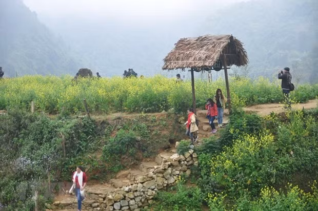 Du khách thăm bản Cát Cát. (Ảnh: Hương Thu/TTXVN)