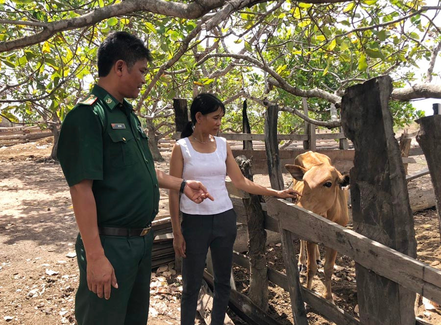 Bộ đội Biên phòng hướng dẫn người dân chăn nuôi bò. Ảnh: Anh Huy