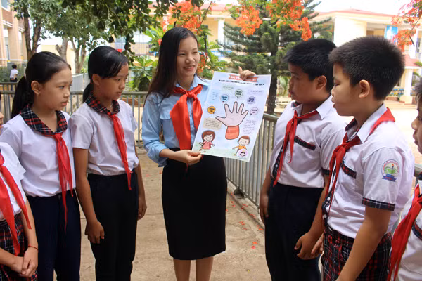  Cô Lê Thị Kim Cúc (giữa) hướng dẫn quy tắc 5 ngón tay cho đội viên Trường Tiểu học thị trấn Kon Dơng số 1 nhằm giúp các em phòng tránh bị xâm hại. Ảnh: T.B