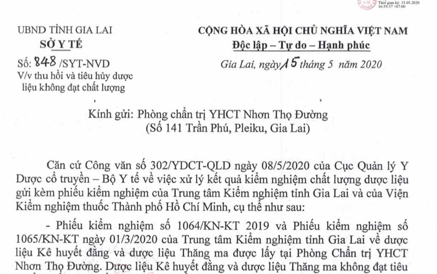 Công văn số 848/SYT-NVD của Sở Y tế Gia Lai về việc thu hồi và tiêu hủy dược liệu không đạt chất lượng. Ảnh: Như Nguyện