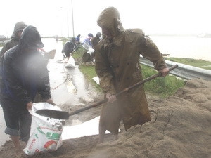 Xúc cát hàn khẩu đê bị sạt lở do bão. Xúc cát hàn khẩu đê bị sạt lở do bão.