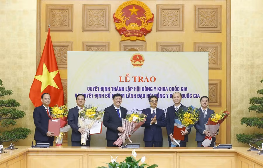 Phó Thủ tướng Vũ Đức Đam trao Quyết định thành lập Hội đồng Y khoa Quốc gia và Quyết định bổ nhiệm lãnh đạo Hội đồng Y khoa Quốc gia. (Ảnh: Doãn Tấn/TTXVN)