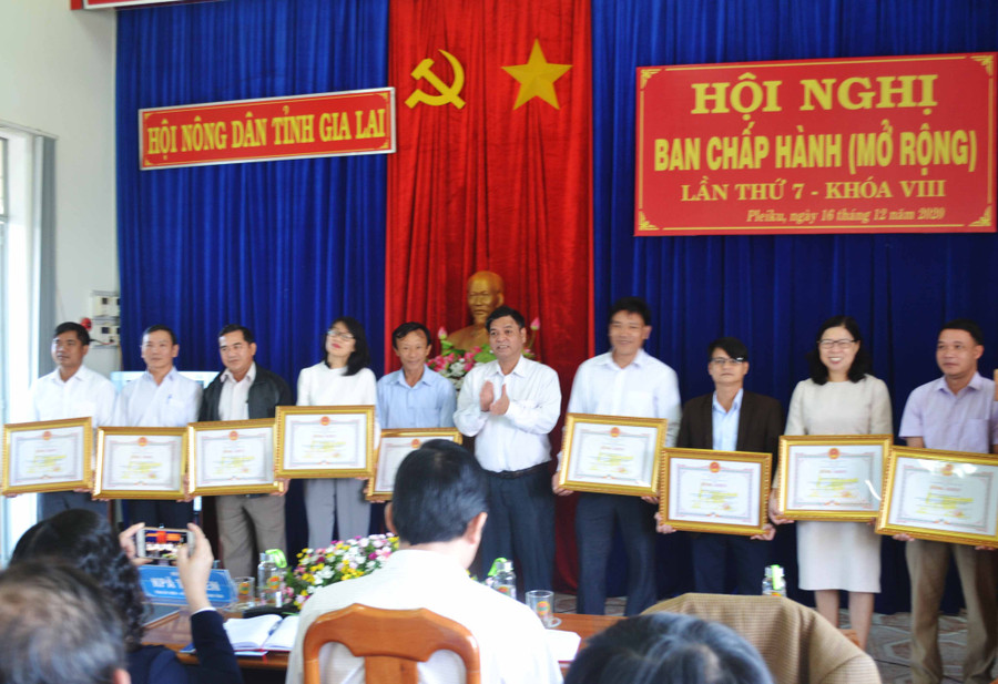 Đồng chí Kpă Thuyên-Tỉnh ủy viên, Phó Chủ tịch UBND tỉnh(người đứng vỗ tay) trao Bằng khen của Chủ tịch UBND tỉnh cho các tập thể và cá nhân đã có thành tích xuất sắc trong công tác triển khai thực hiện tiếp công dân, giải quyết khiếu nại, tố cáo của nông dân theo Quyết định số 81 ngày 31-12-2014 của Thủ tướng Chính phủ. Ảnh: Hoàng Cư