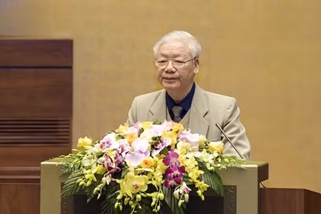 Tổng Bí thư, Chủ tịch Nước Nguyễn Phú Trọng phát biểu tại Hội nghị trực tuyến toàn quốc triển khai công tác bầu cử đại biểu Quốc hội khoá XV và đại biểu Hội đồng Nhân dân các cấp nhiệm kỳ 2021 - 2026. Ảnh Quang Vinh.