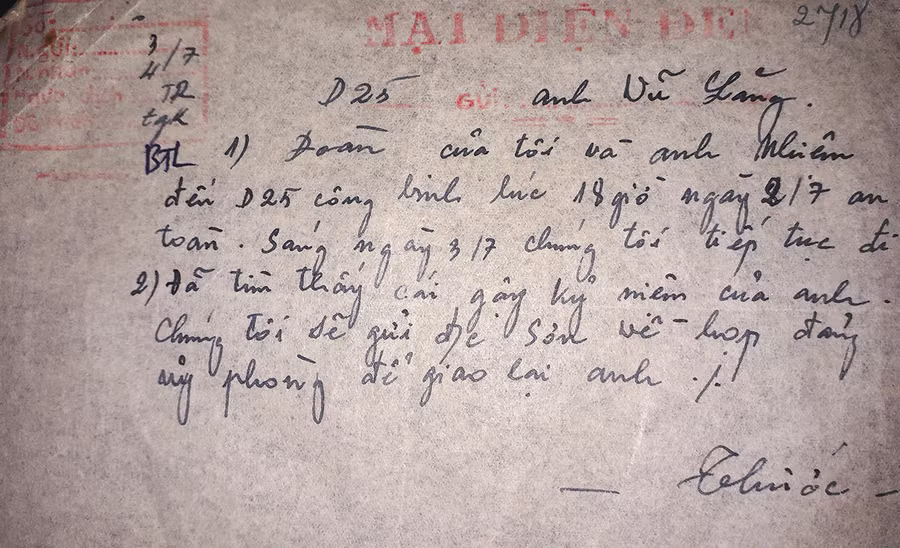 Bức điện của Trung tướng Nguyễn Quốc Thước. Ảnh: Vĩnh Hoàng