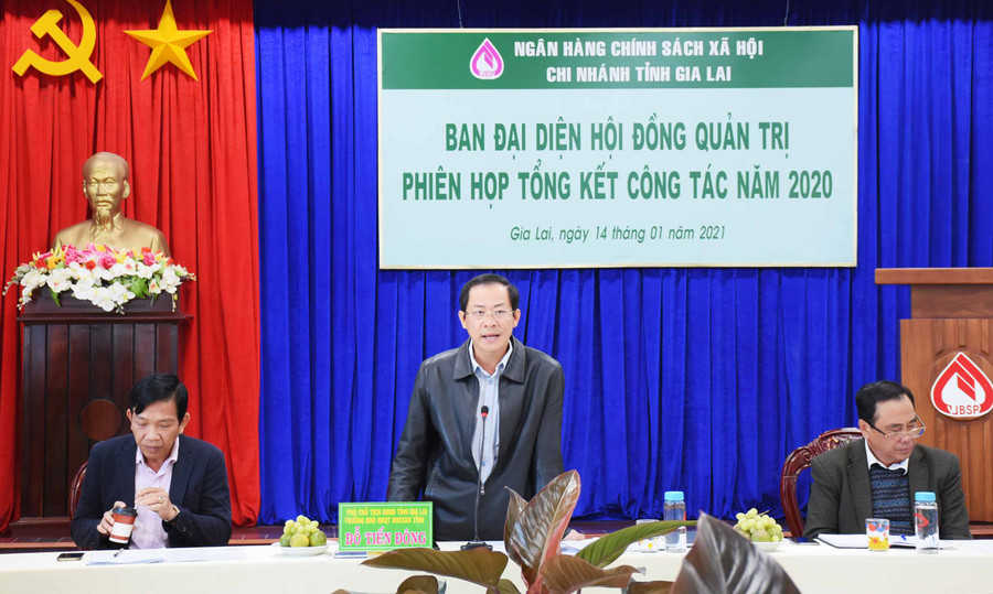 Đồng chí Đỗ Tiến Đông-Phó Chủ tịch Thường trực UBND tỉnh, Trưởng Ban đạidiện Hội đồng Quản trị Ngân hàng CSXH phát biểu chỉ đạo hội nghị