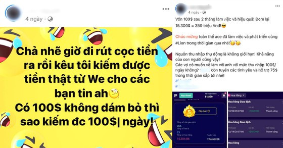 Những bài viết chia sẻ về số tiền kiếm được từ các sàn Wefinex như “bánh vẽ” lợi nhuận. Ảnh: DŨNG PHƯƠNG