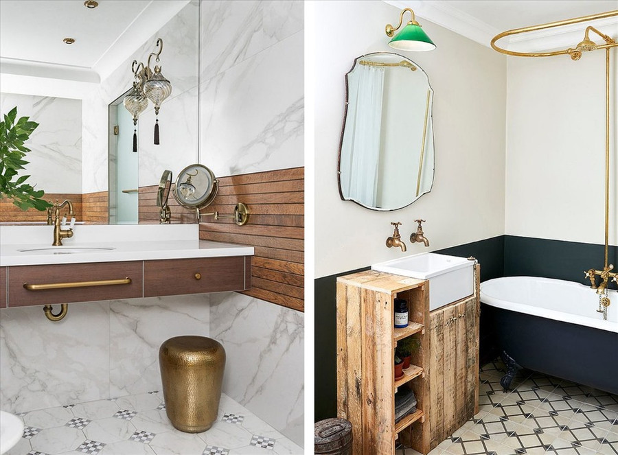 Các vật dụng được làm từ kim loại trong phòng tắm. (Đồ họa: Trang Thiều)