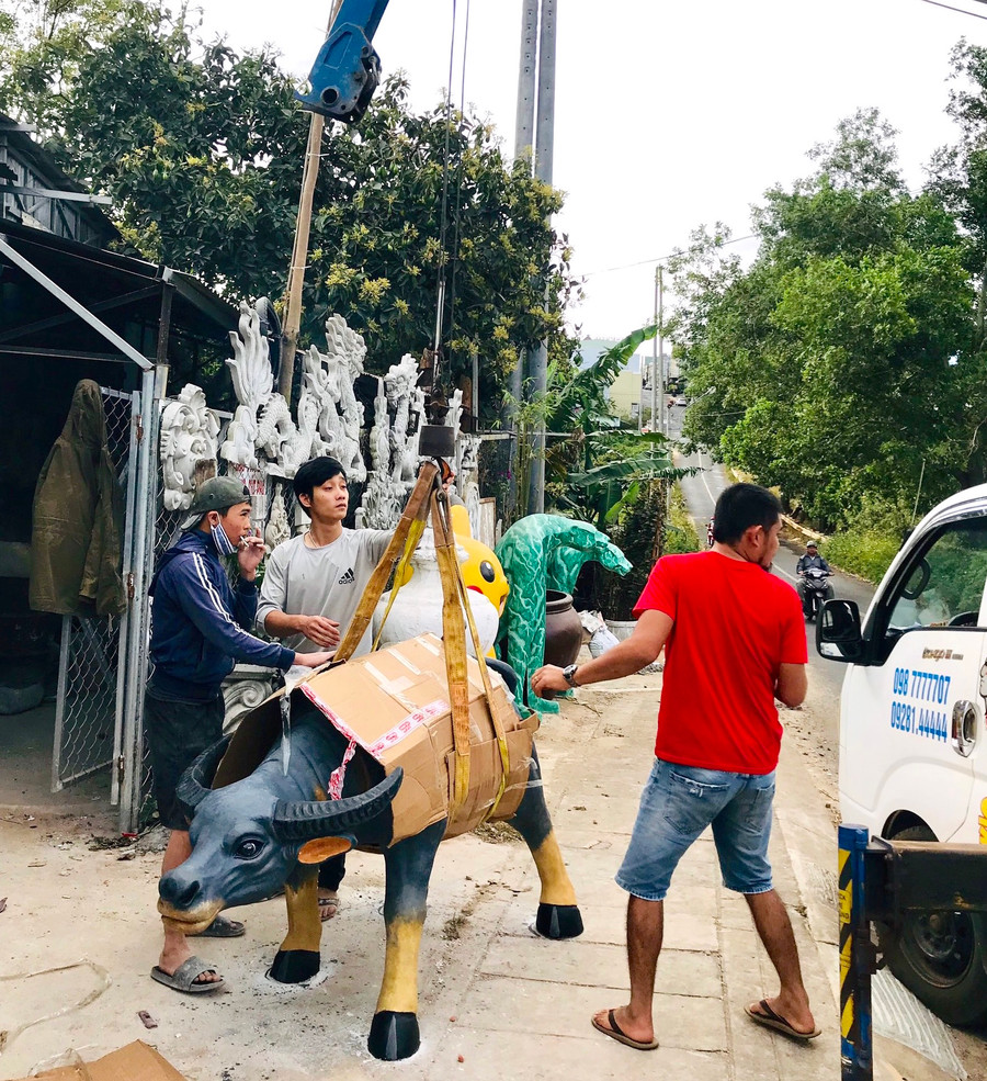 - Ảnh 10: Chị Ngọc cho hay, đến thời điểm hiện tại, cơ sở của chị đã hoàn thiện hơn 20 con trâu cho khách hàng ở TP. Pleiku, huyện Đak Đoa và các địa phương lân cận như Kon Tum, Đà Nẵng... với giá dao động từ 4-6 triệu đồng/con tùy theo chất liệu. Số còn lại sẽ bàn giao từ nay đến 23 tháng Chạp. Hai kích thước chính mà cơ sở sản xuất là 1,5x2,3 mét và 1,2x2,3 mét. Trâu bằng xi măng nặng khoảng 200 kg, còn trâu bằng nhựa nặng không quá 40 kg.